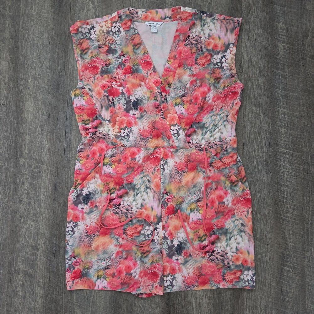Athleta Women's Romper Size Large Pink Coral Floral Print Surplice V Neck